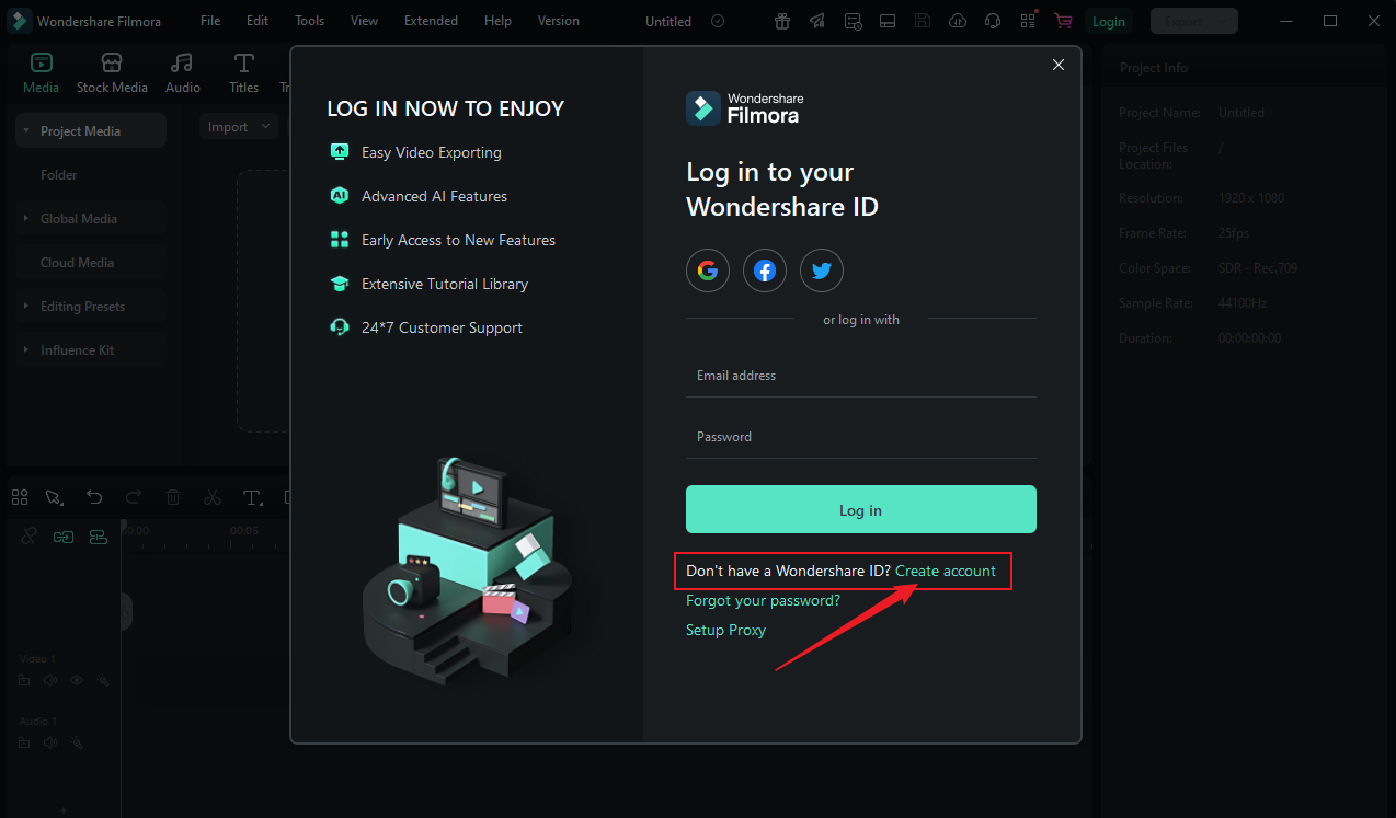 enter the wondershare account